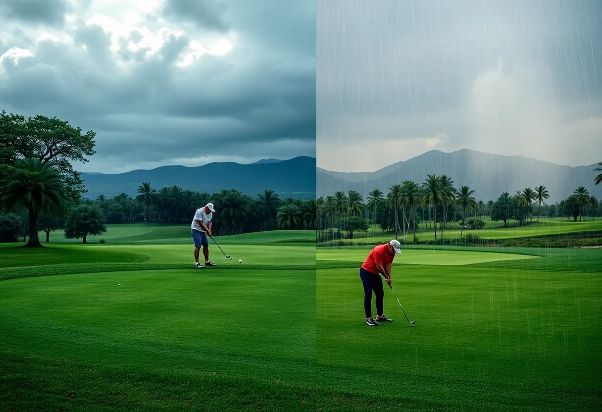 Golfers playing on a course during extreme weather conditions.