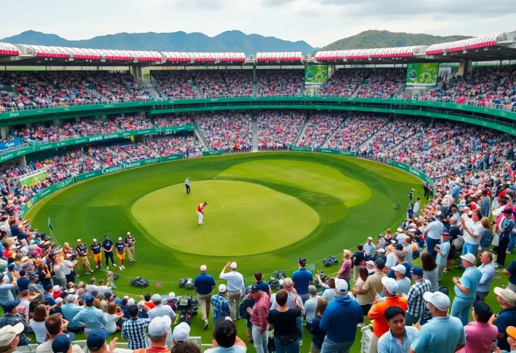 Scene from the GTOUR WGTOUR fourth round golf tournament with players on the course and fans in the stands.