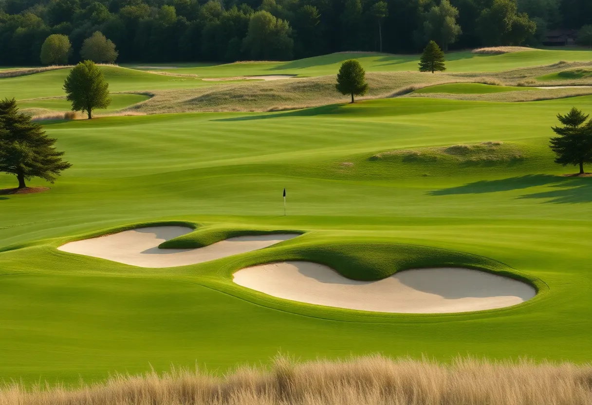 Scenic view of Harbour Town Golf Links with lush greens and restored bunkers