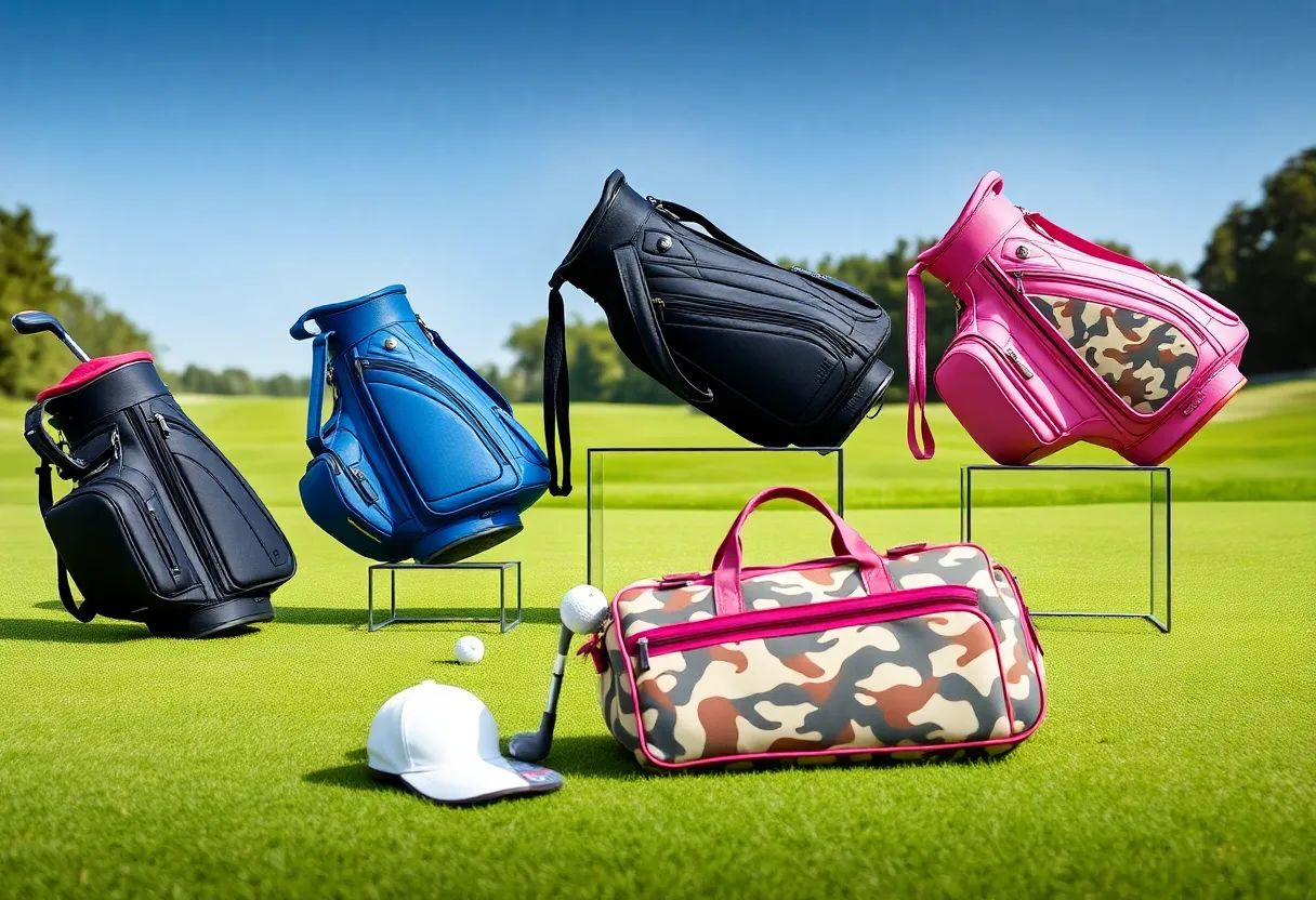 Stylish golf accessories from Herschel Supply displayed on the grass.