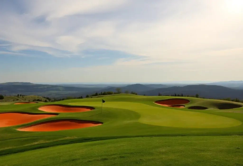 A beautiful view of Highland Gate Golf Course with orange sand bunkers
