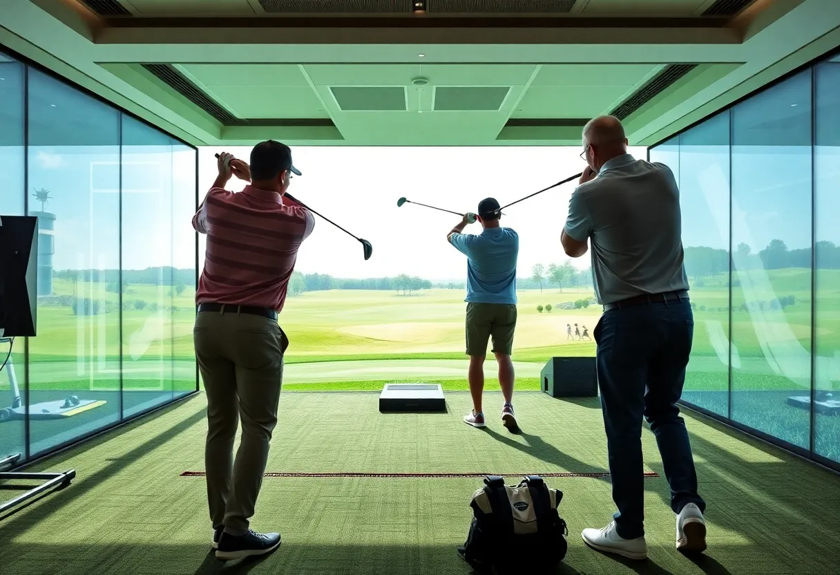 High-tech indoor golf simulators in a stylish lounge at Pebble Beach