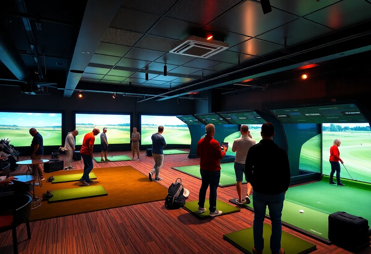People enjoying golf simulators in an indoor lounge
