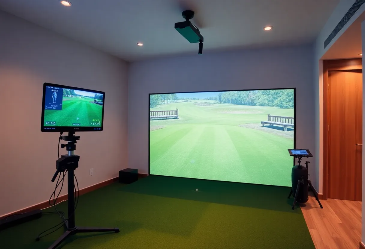 Indoor golf simulator with launch monitor in a home setting
