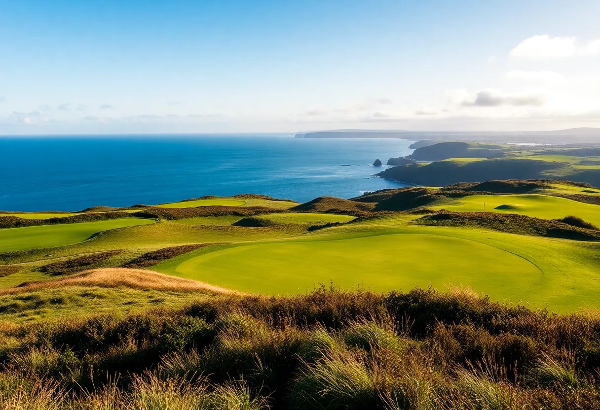 Scenic view of an Irish golf course with coastal landscape