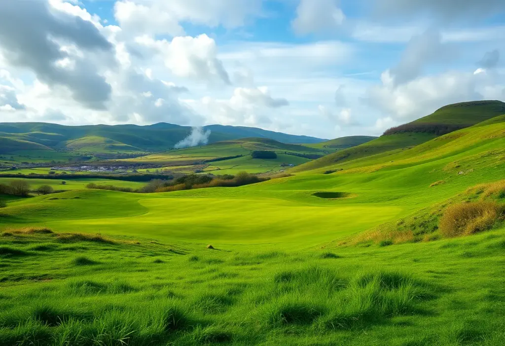 Lush green golf course in Ireland with rolling hills