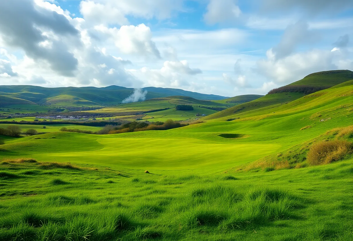Lush green golf course in Ireland with rolling hills