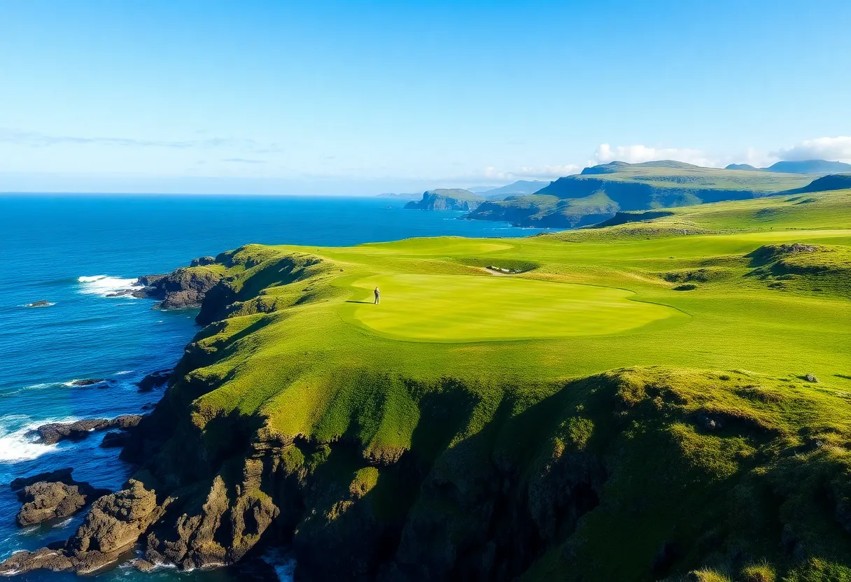 A scenic view of an Irish golf course with coastal landscapes