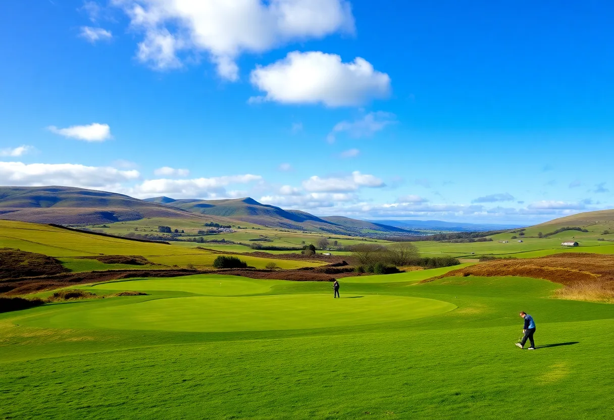 A scenic view of a golf course in Fife, Scotland with golfers on the green.