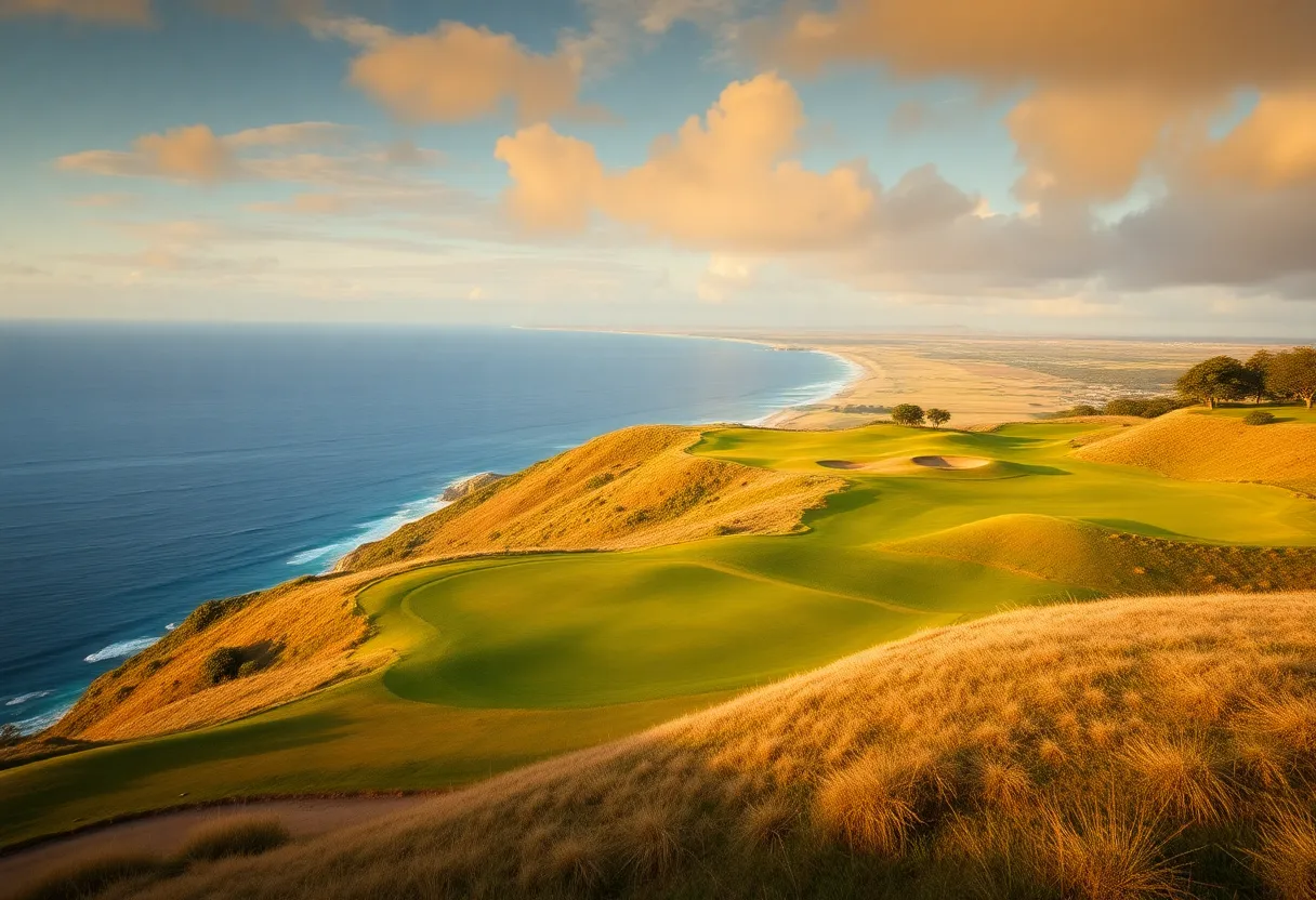 Scenic view of La Réserve Golf Links with ocean background