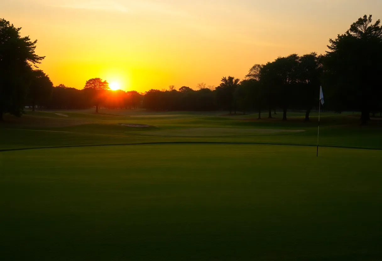 Scenic view of Liberty National Golf Course at sunset