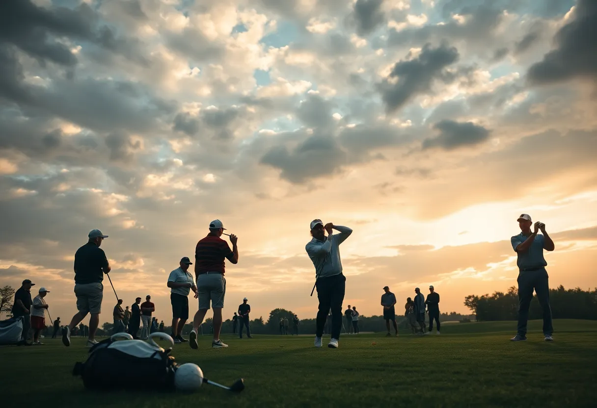 Tense golf event scene reflecting uncertainty in LIV Golf's future.