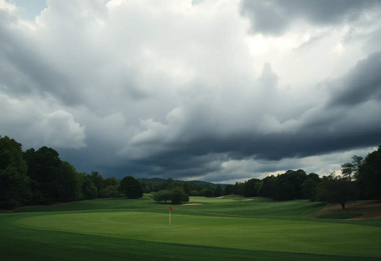 Dramatic view of a golf course under dark clouds representing the uncertain future of LIV Golf.