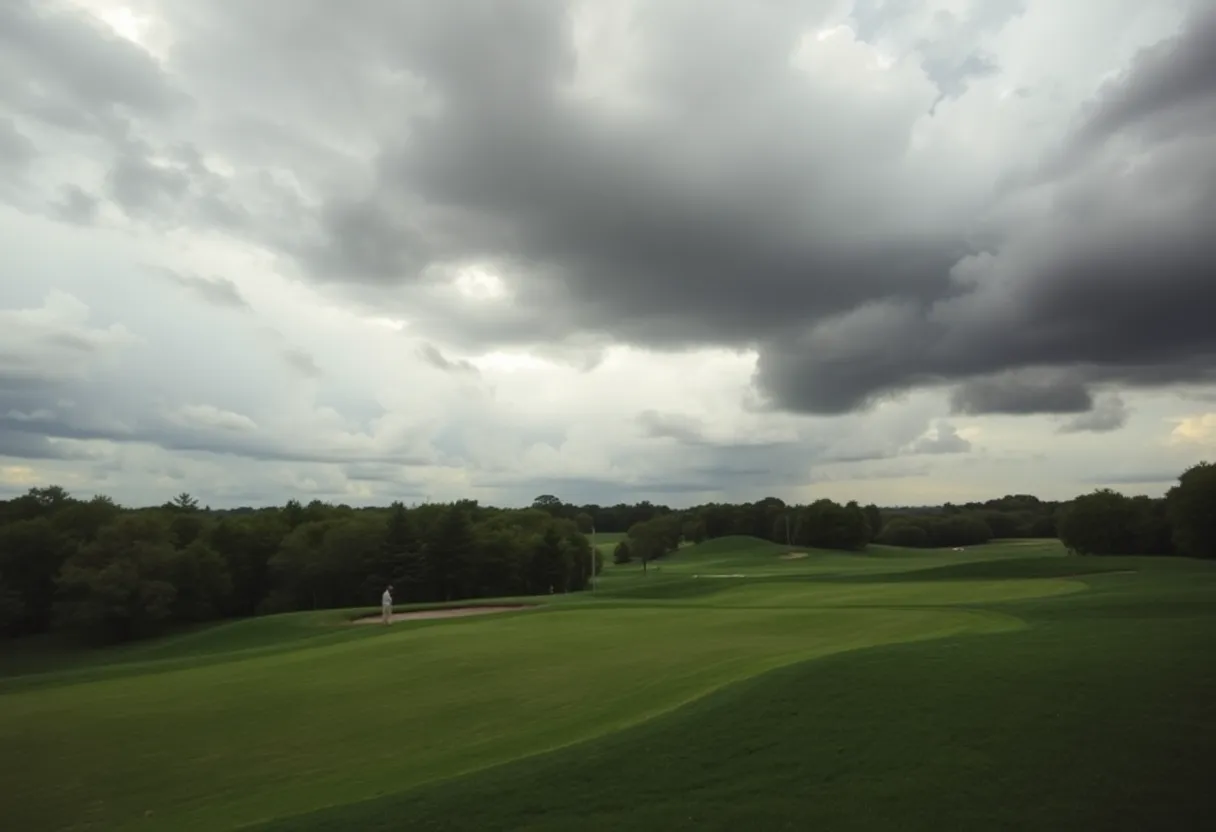Dramatic view of a golf course with clouds signifying uncertainty.