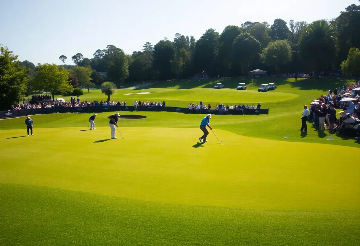 Golfers competing on a beautiful green course