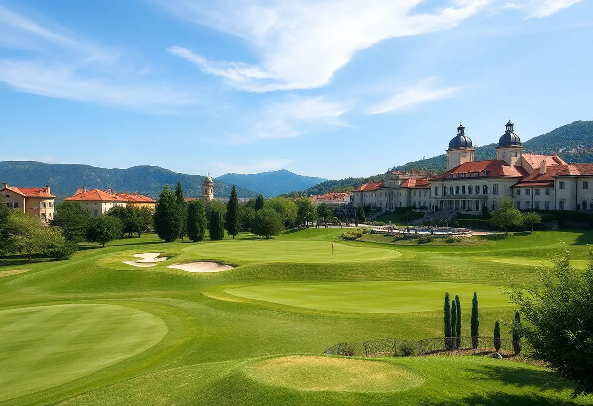 European golf course with beautiful landscapes and luxury hotels