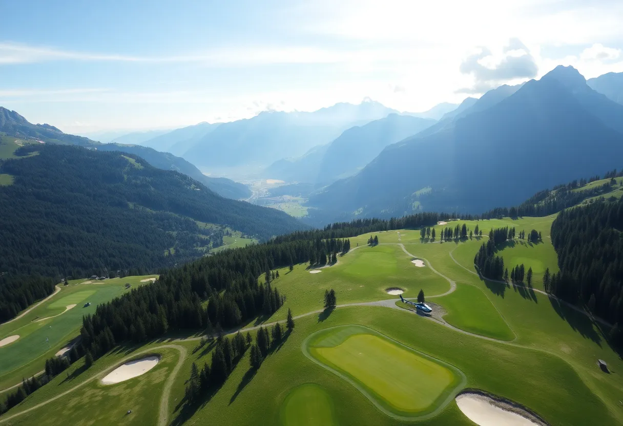 A helicopter soaring above stunning alpine golf courses.