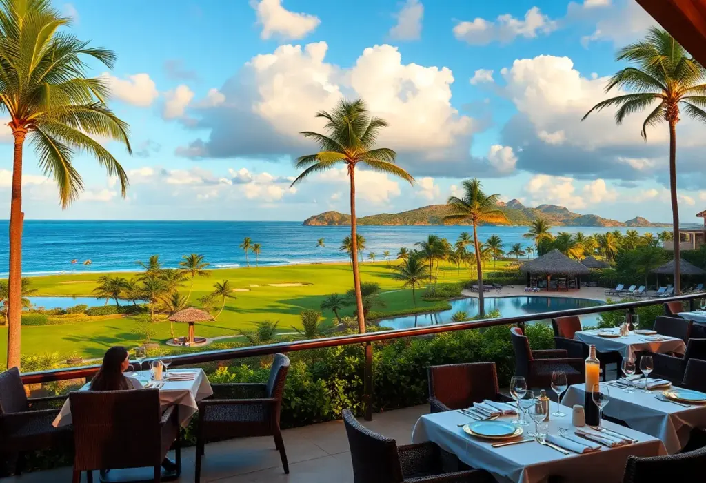 Exotic resort and golf course illustrating lavish lifestyles funded by special interests.