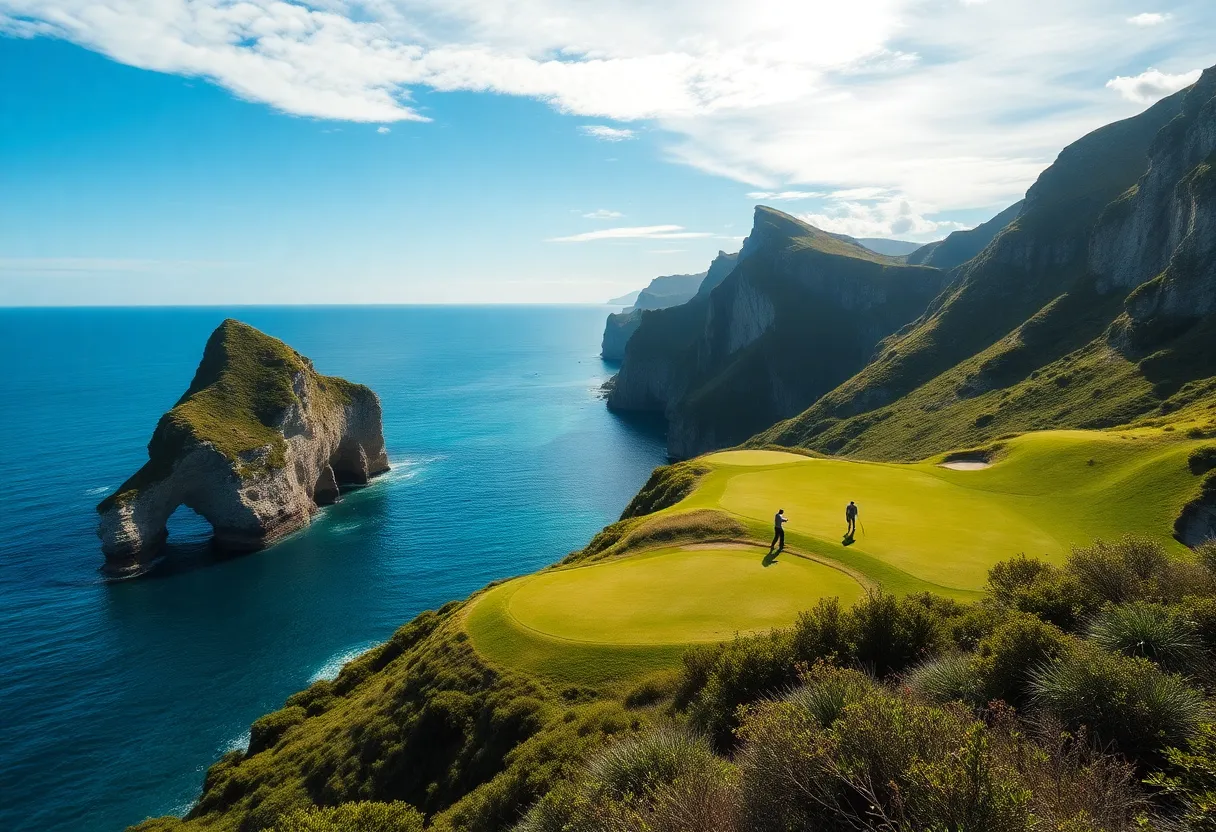 View of the new Nick Faldo golf course in Madeira with ocean scenery