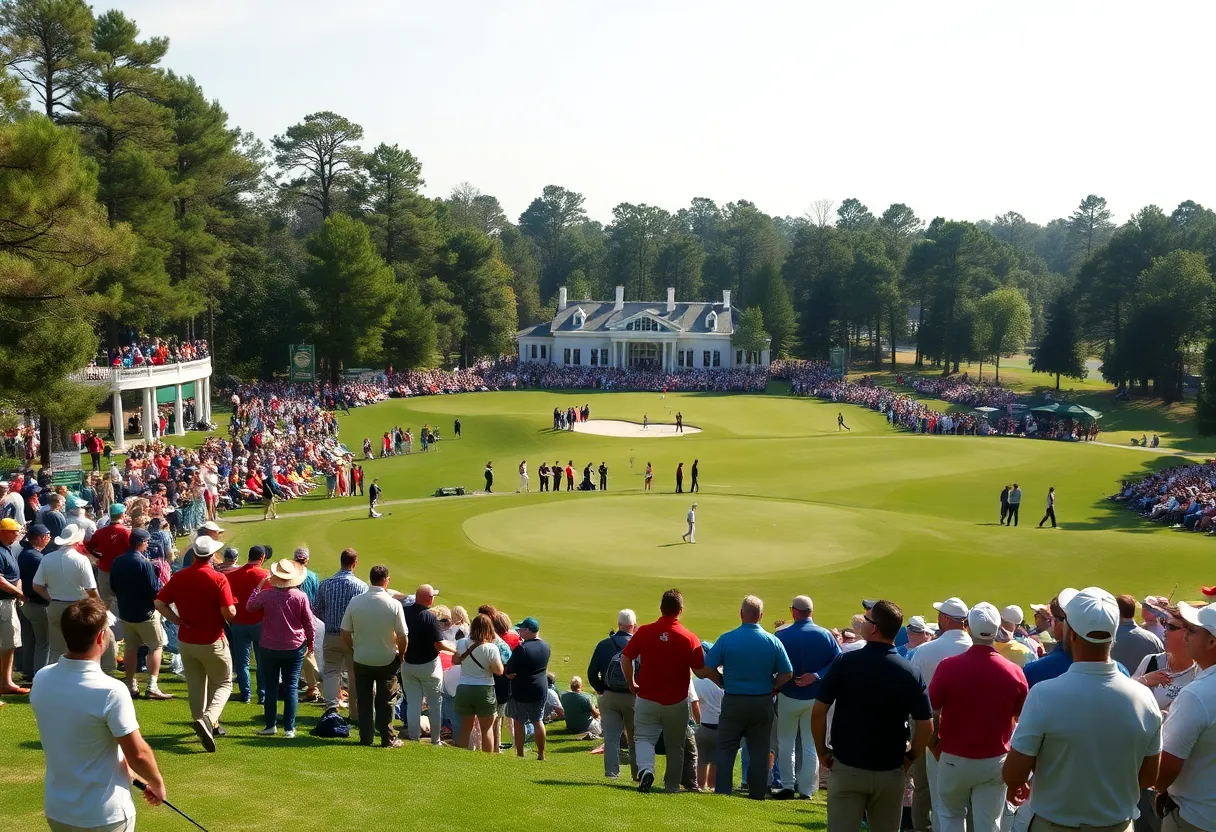 View of Augusta National golf course filled with fans during The Masters tournament