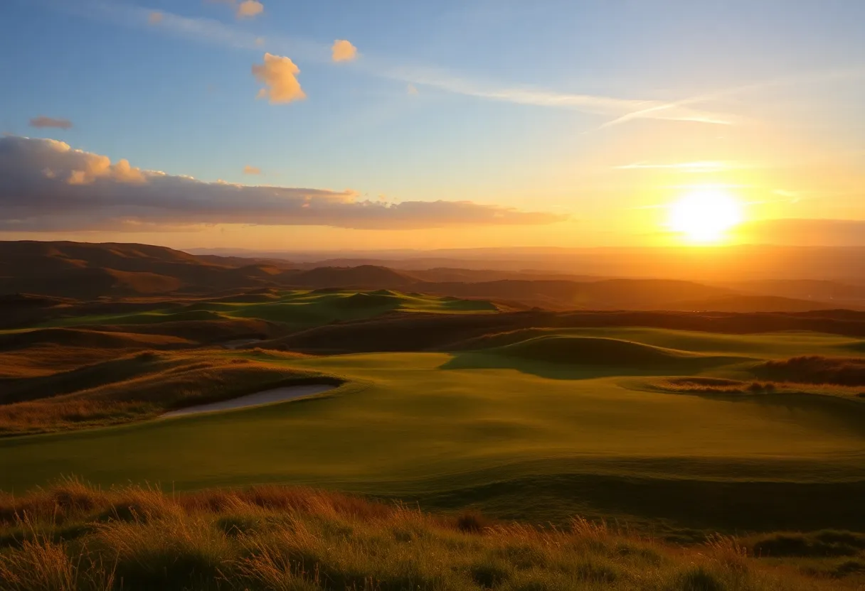 A beautiful golf course at sunrise during the Masters Tournament.