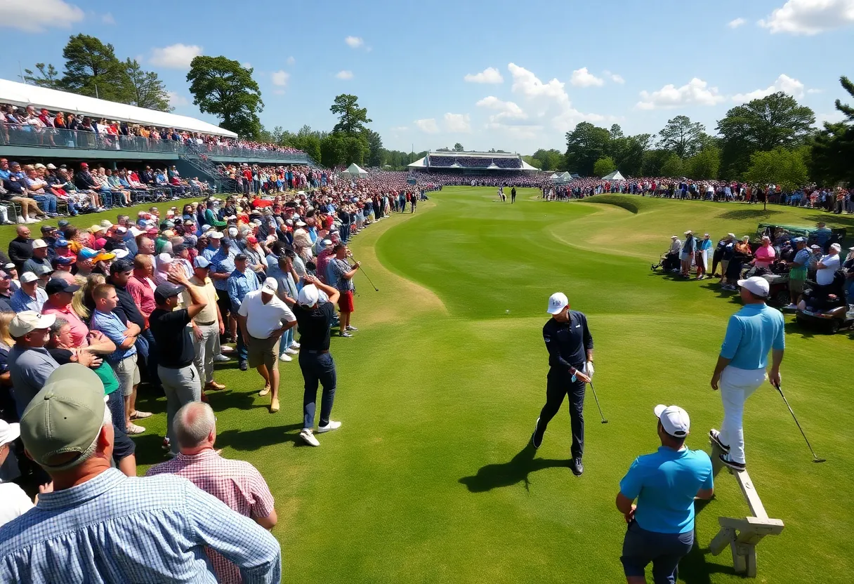 Golf tournament scene with players and spectators at the Masters.