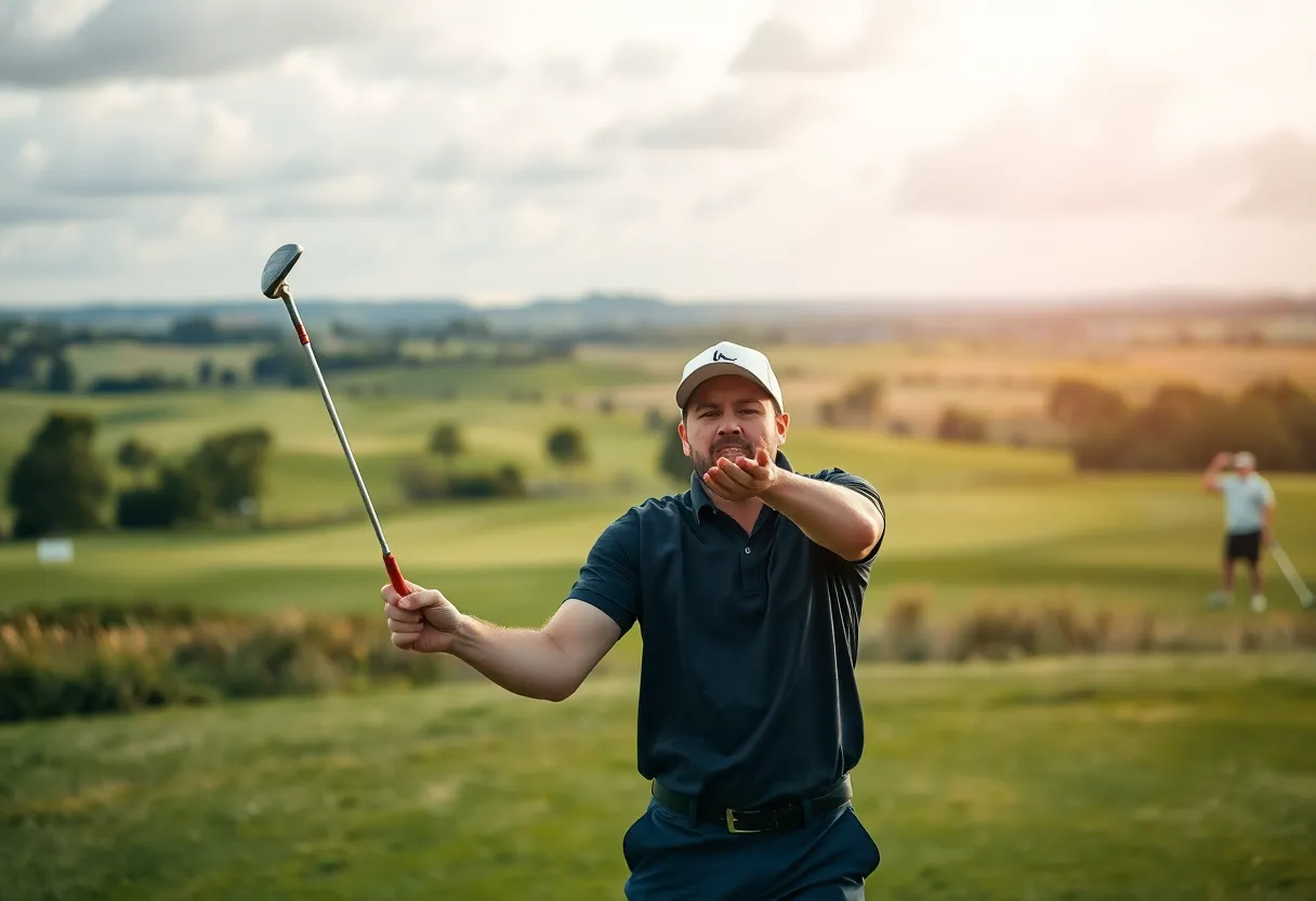 A golfer expresses frustration by throwing a club on the course.
