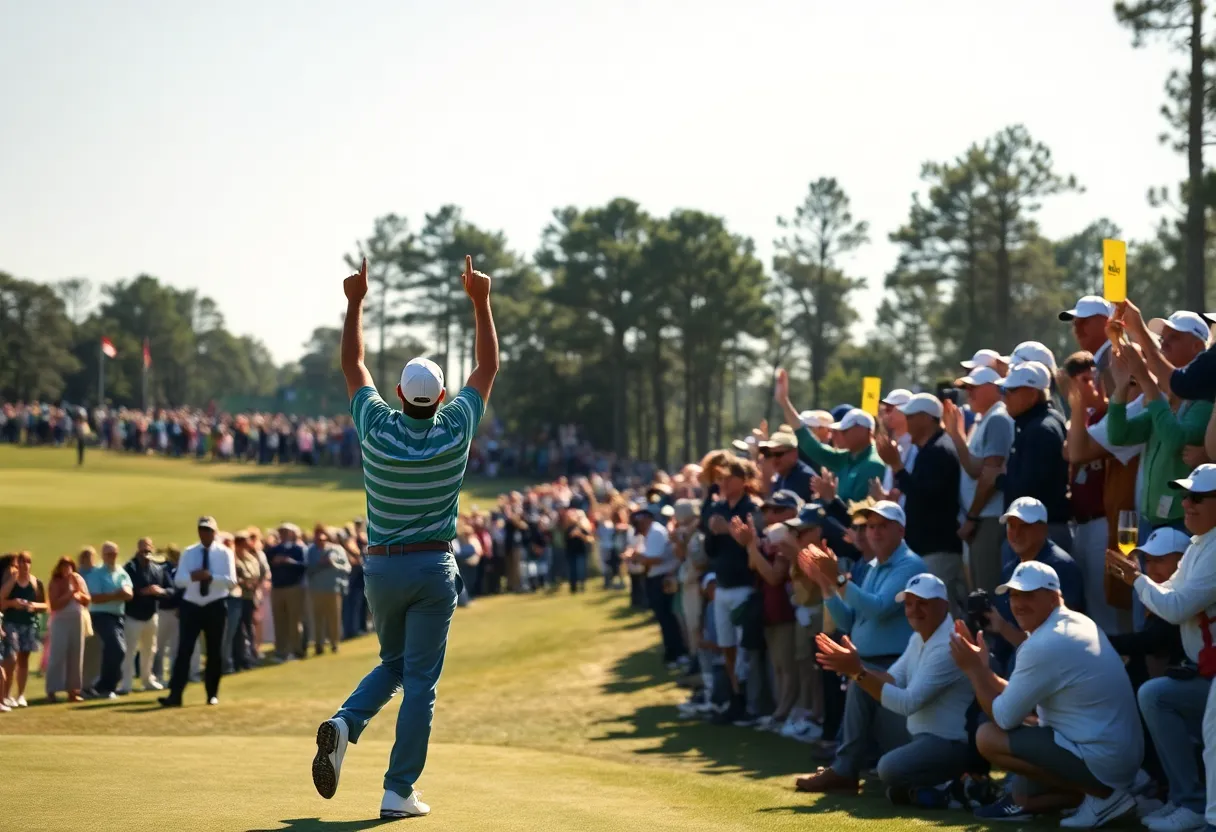 A golfer celebrating a victory at the Masters tournament with fans in the background.