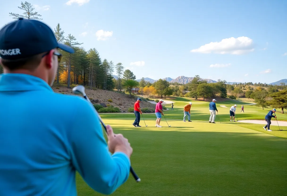 Mini tour golfers practicing on a beautiful golf course.