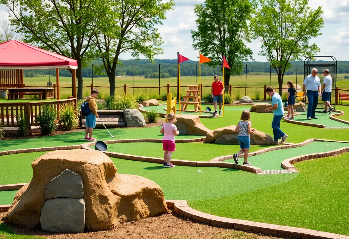 Families playing mini golf at a scenic Missouri course
