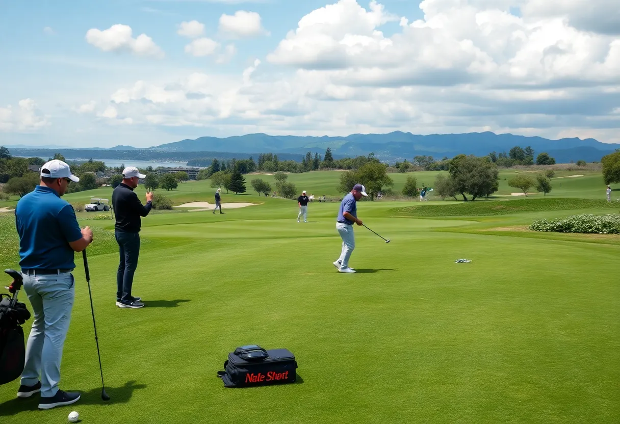 Golfers practicing on the driving range with advanced technology