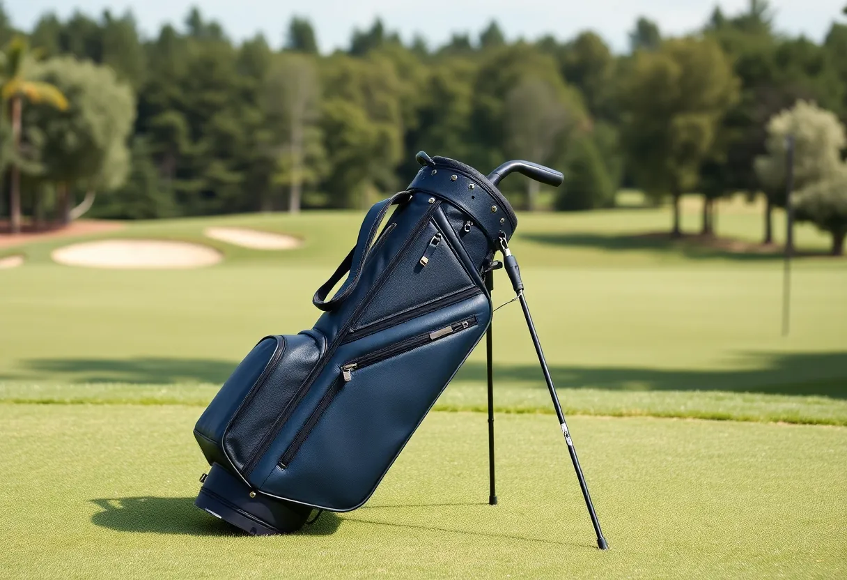 Ping Reserve stand bag in navy blue on a golf course