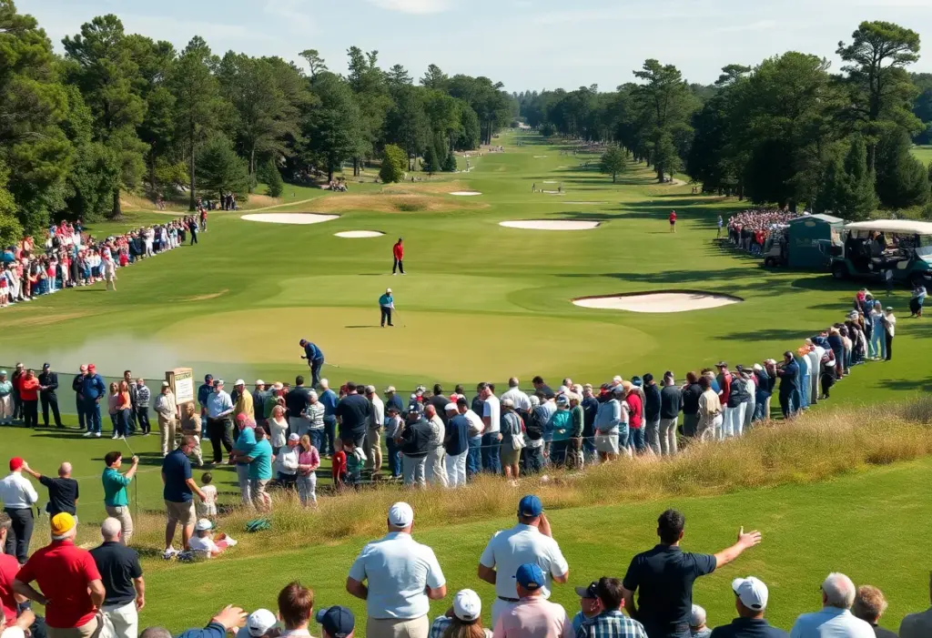 Golfers competing in a tournament on a scenic golf course