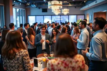 A festive celebration at the 2026 Rainmaker Awards with people mingling.