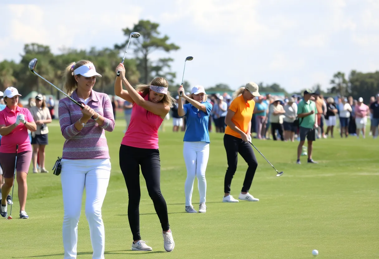 A stunning golf course with players competing in a major tournament.