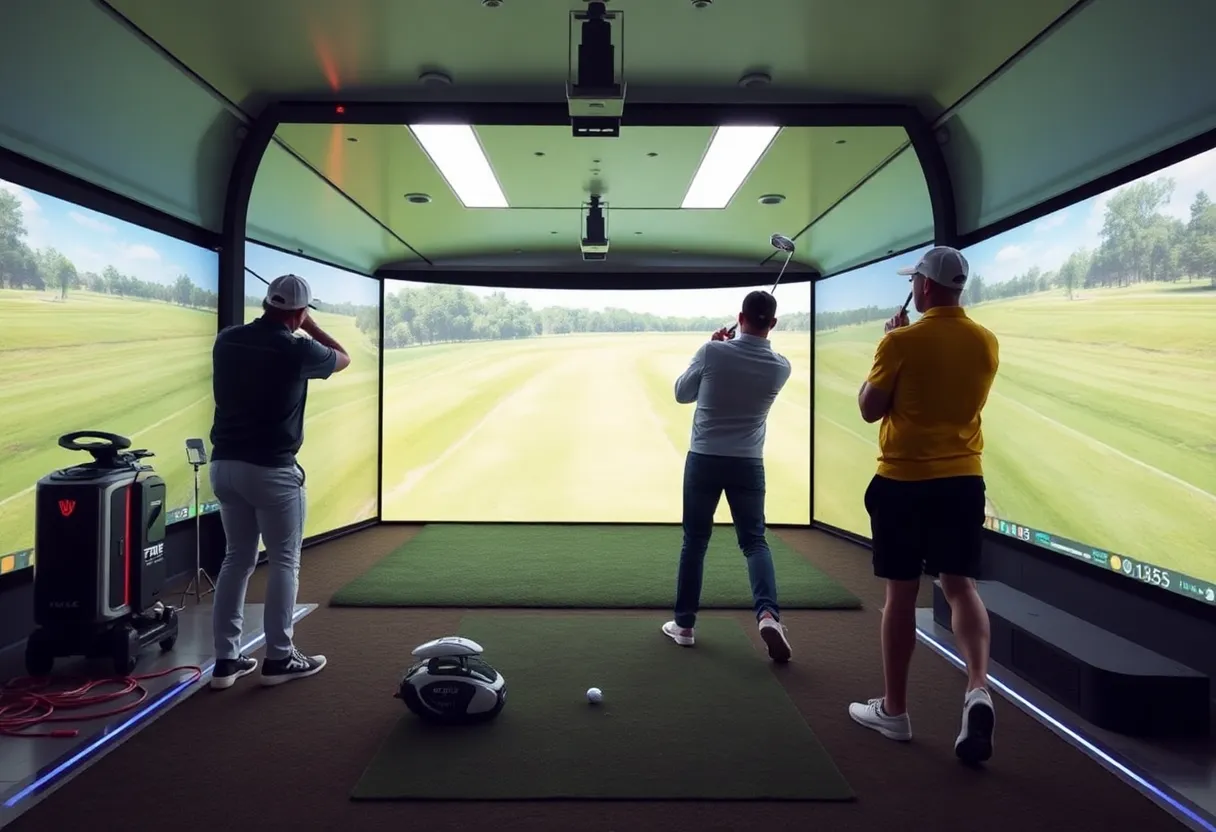 Golfer practicing with RoboGolfPro robotic swing trainer