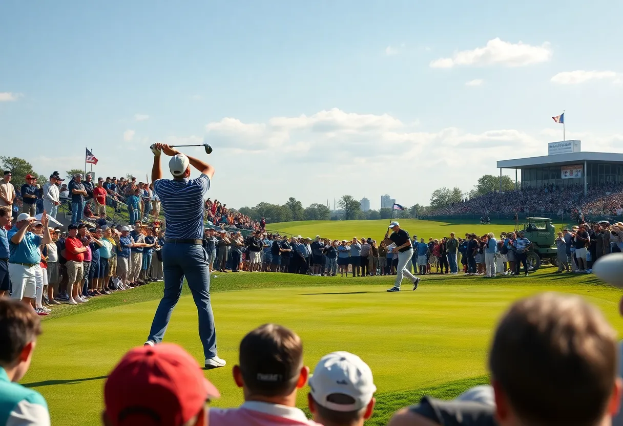 Golf scene during the Masters Tournament with lush greens and enthusiastic fans.