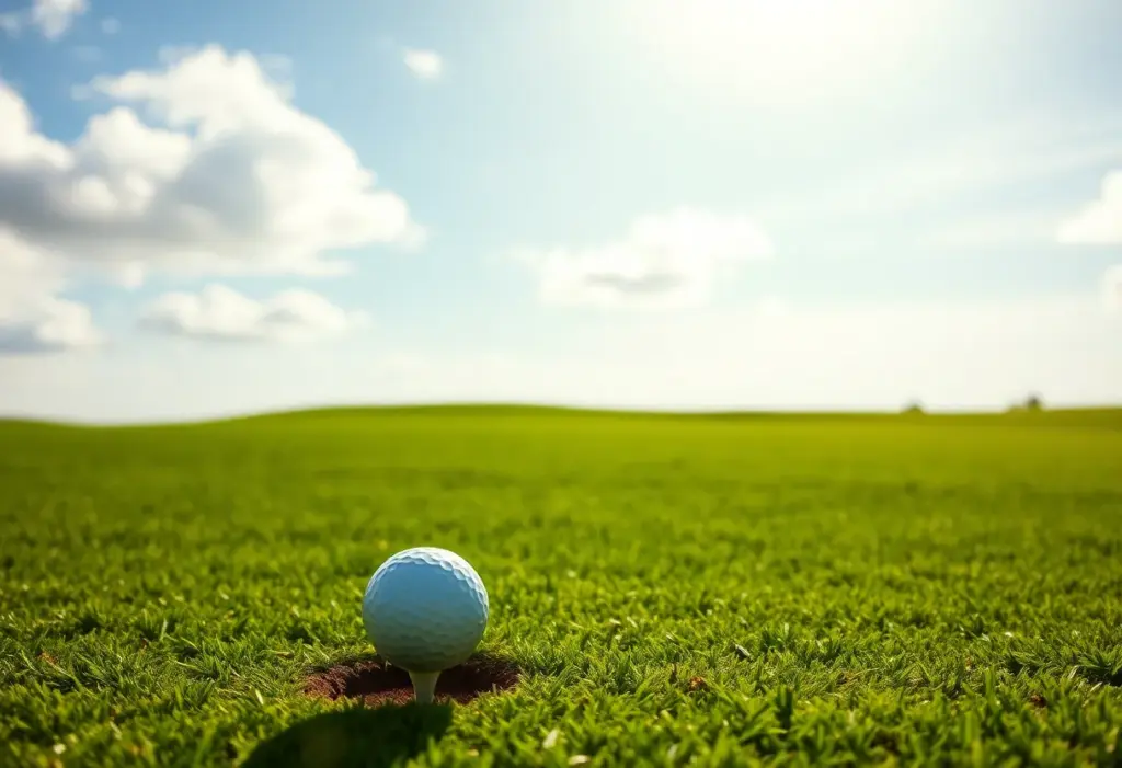 A beautiful golf course with a golf ball on a tee.