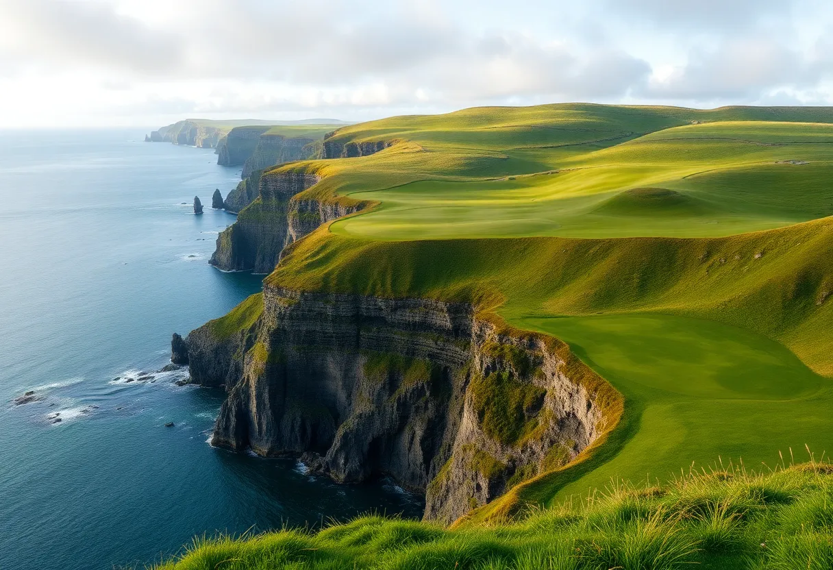 A picturesque view of an Irish golf course with lush greenery