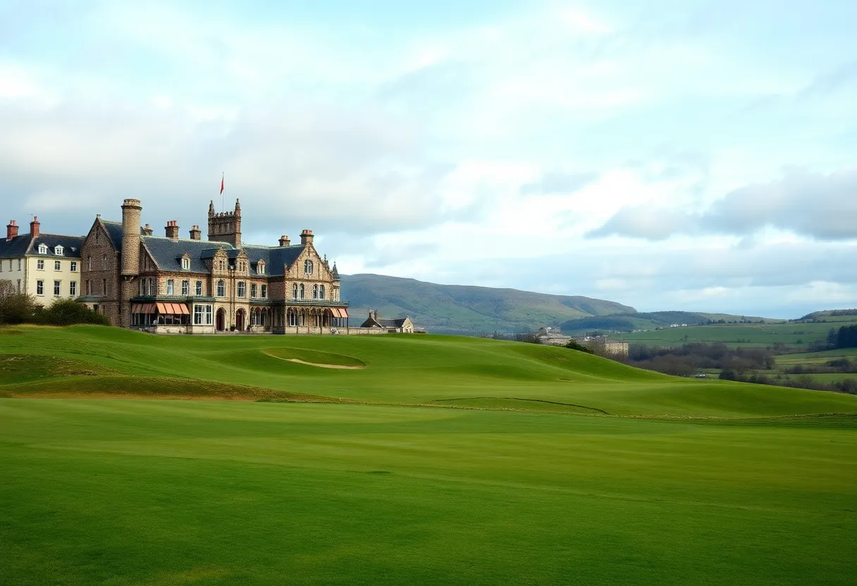 A beautiful view of a Scottish golf course with vibrant greens