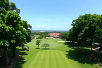 Lush green landscape of Sentosa Golf Club with golfers playing.