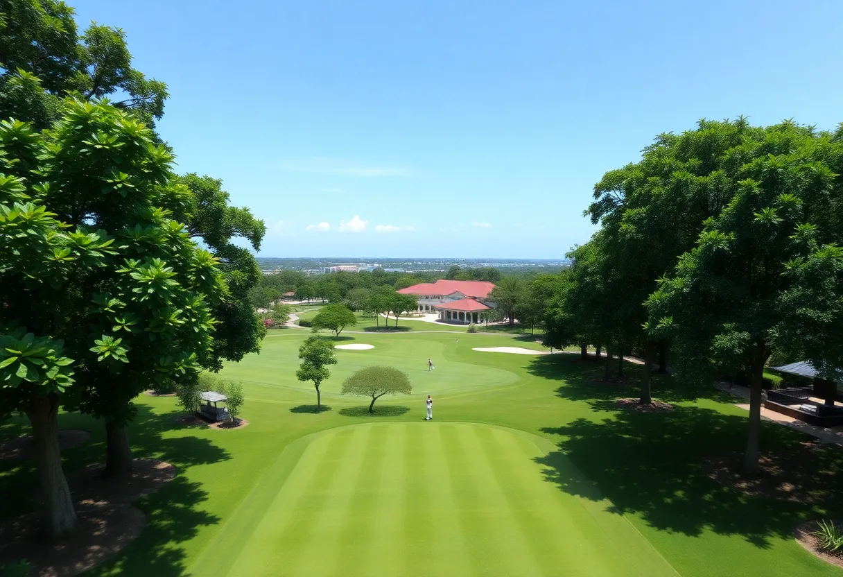 Lush green landscape of Sentosa Golf Club with golfers playing.