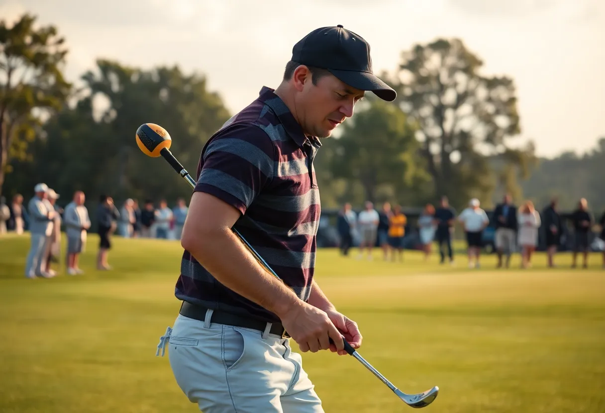 Frustrated golfer on a classic golf course with broken club