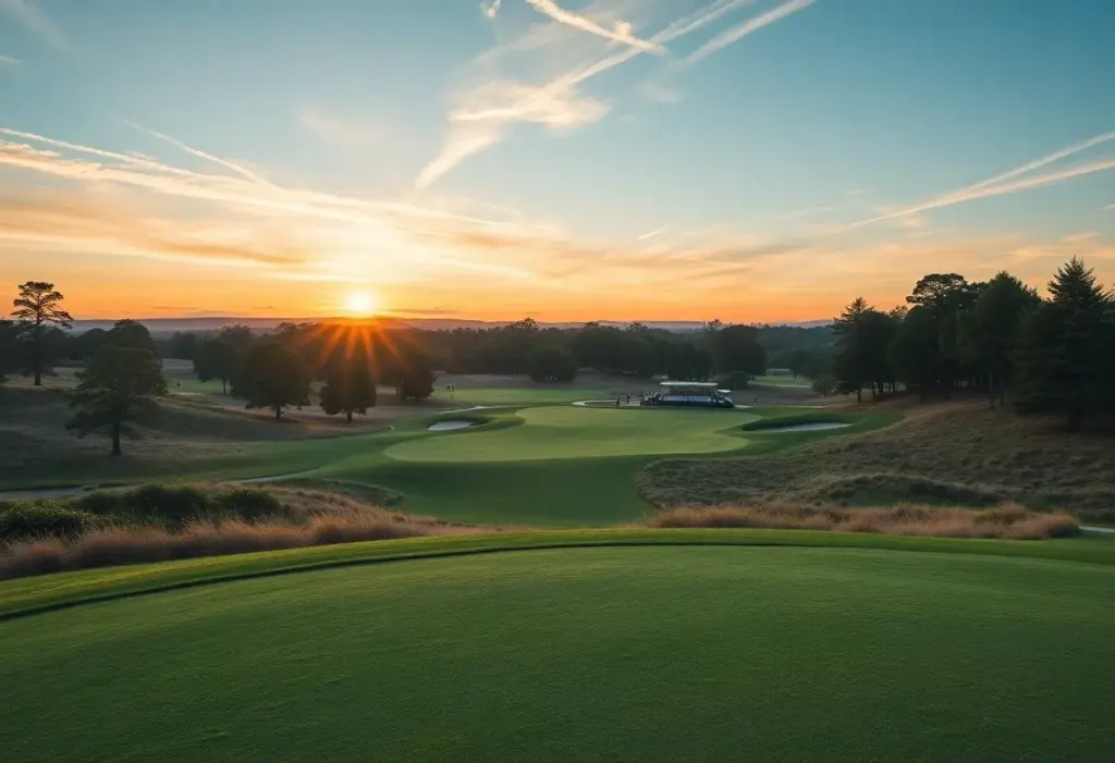 A scenic golf course representing the struggles of a golfer during a major tournament.