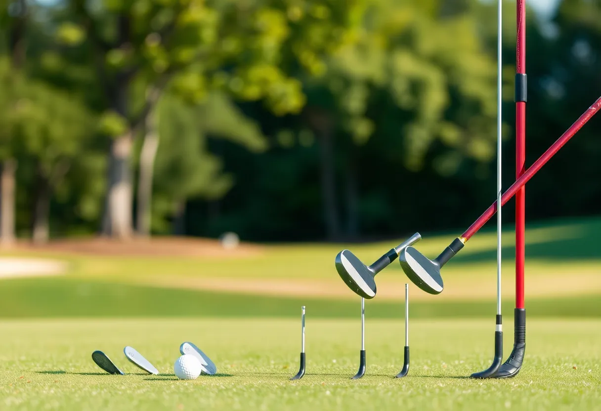 An array of single-length golf clubs displayed on a lush green golf course.