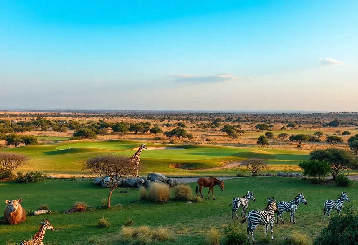 A luxury golf course near Serengeti National Park with wildlife.