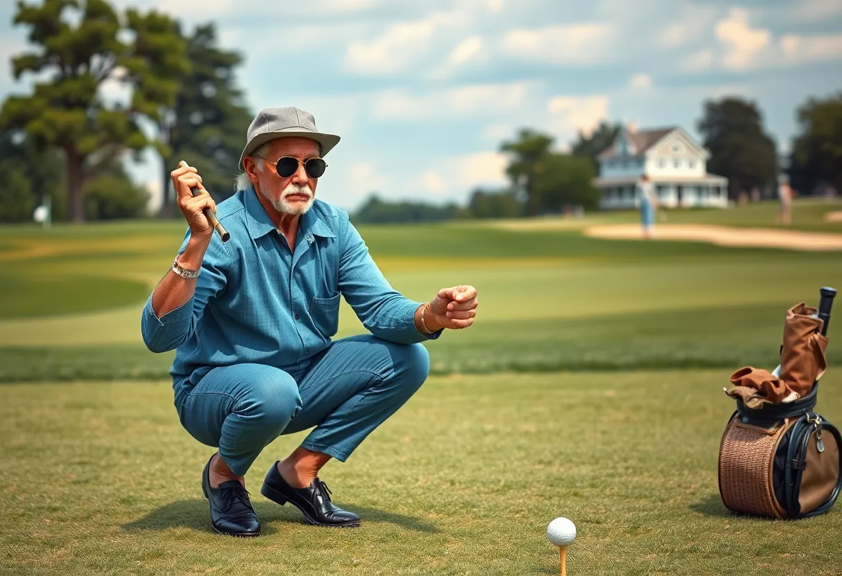 Vintage golf scene depicting a charismatic player showcasing unique playing style.
