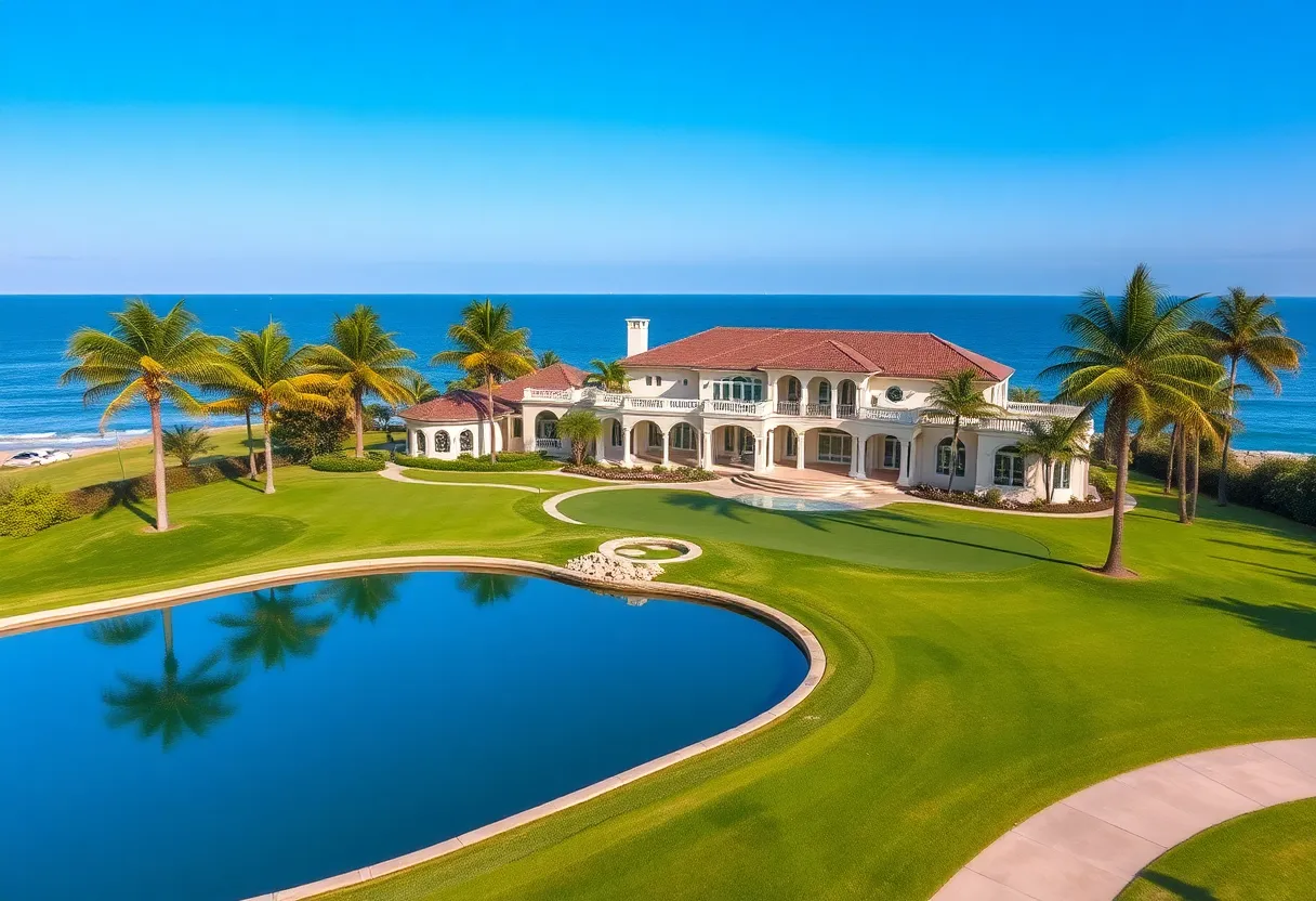 Aerial view of a luxury mansion and golf course
