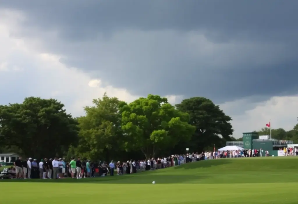 Golfers play at the Valero Texas Open under cloudy skies.