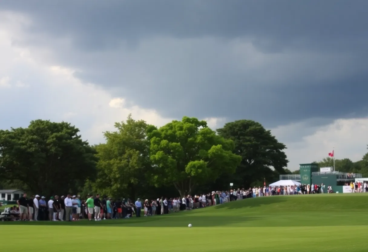 Golfers play at the Valero Texas Open under cloudy skies.